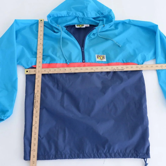 Vintage  Pch Teal Navy Waterproof Nylon Hooded Half Zip Windbreaker Jacket G/L - Picture 3 of 10